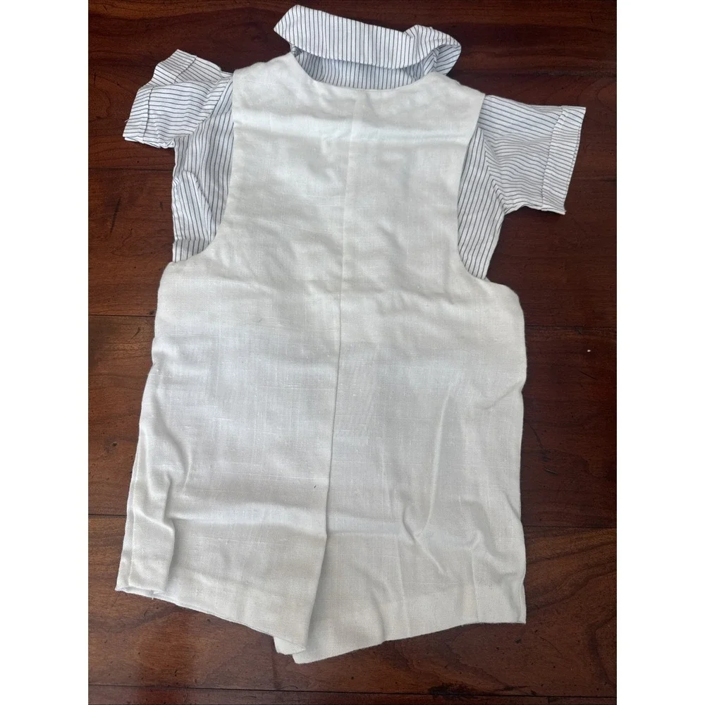 Good Lad Boys White Linen Jon Jon Romper Striped Shirt 2 Piece Set 2T-4T Vintage